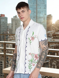 White Floral Print Slim Fit Half Sleeve Cuban Collar Shirt