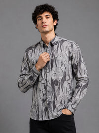 Men Grey Slim Fit Abstract Printed Full Sleeve Casual Shirt