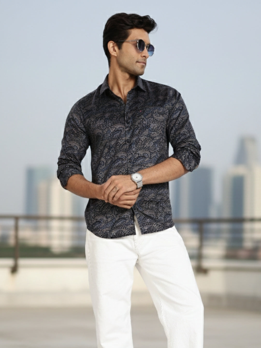 Men Blue Floral Print Full Sleeve Slim Fit Casual Shirts