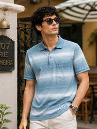 Men Light Blue Slim Fit Striped Short Sleeves Polo Collar Casual T-Shirt with Chest Pocket