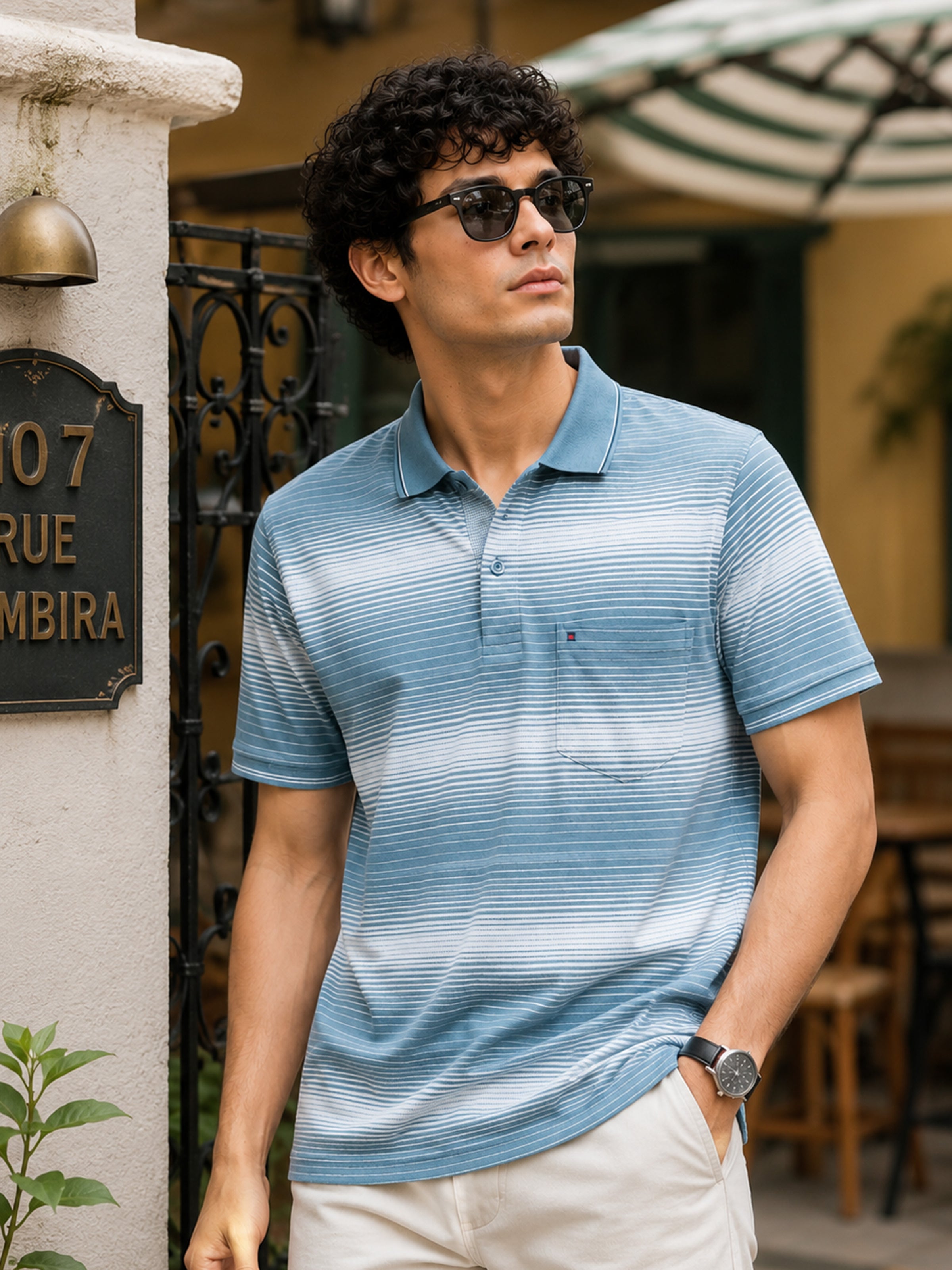 Men Light Blue Slim Fit Striped Short Sleeves Polo Collar Casual T-Shirt with Chest Pocket