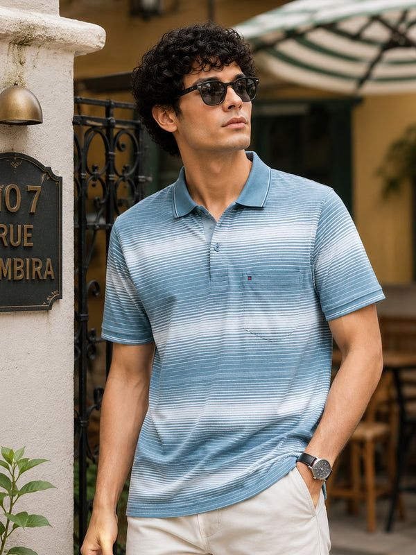 Men Light Blue Slim Fit Striped Polo T-Shirt with Chest Pocket