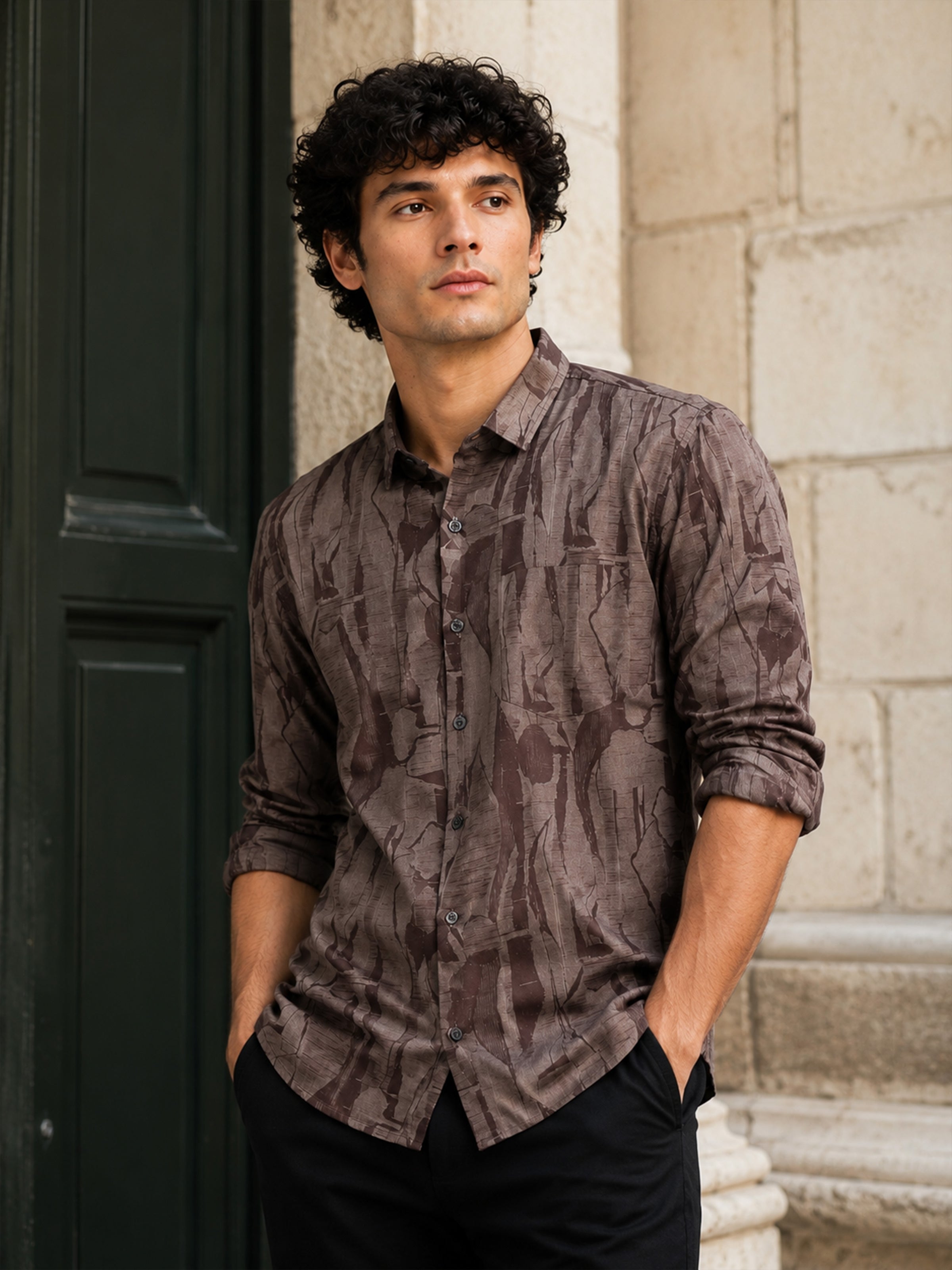 Men Brown Slim Fit Abstract Printed Full Sleeve Casual Shirt