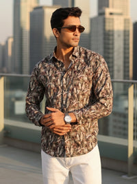 Men Brown Leaf Print Full Sleeve Slim Fit Casual Shirts