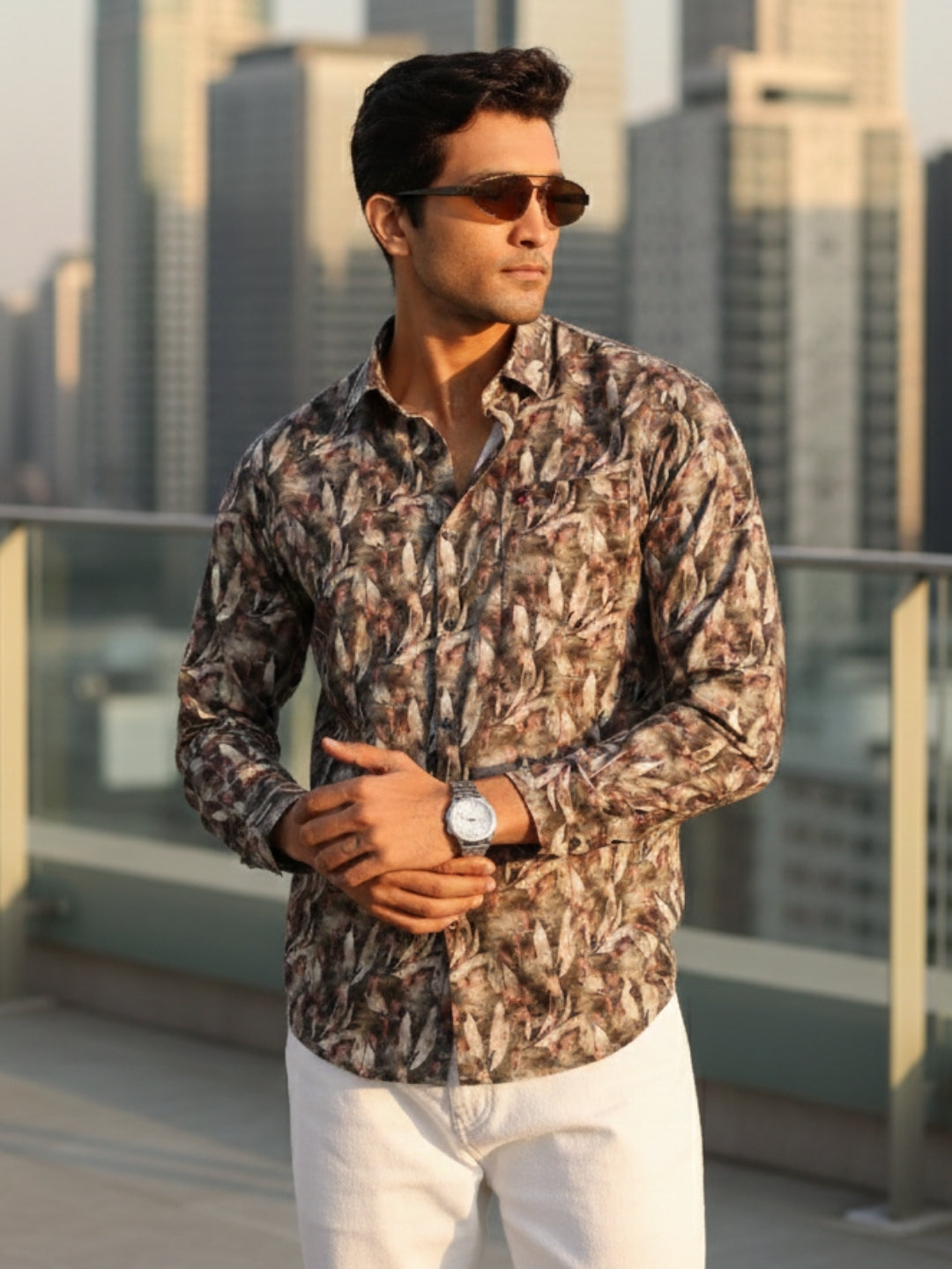 Men Brown Leaf Print Full Sleeve Slim Fit Casual Shirts