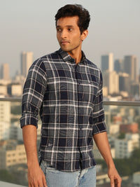 Men Navy Textured Check Full Sleeve Slim Fit Casual Shirts