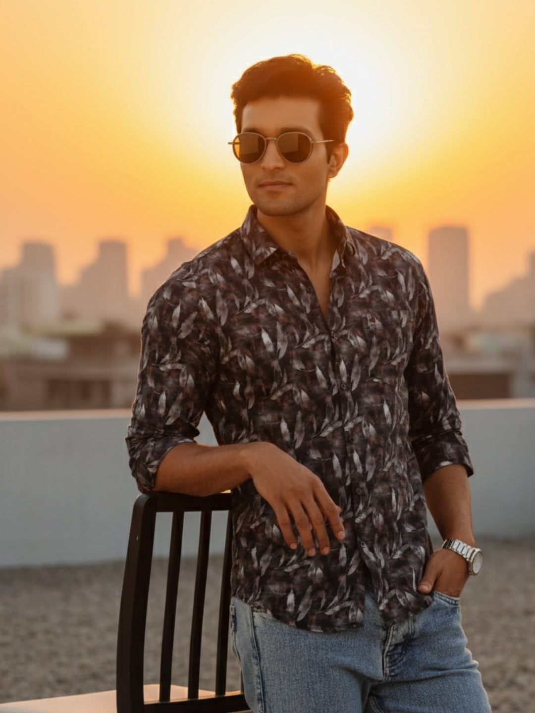 Men Blue Leaf Print Full Sleeve Slim Fit Casual Shirts