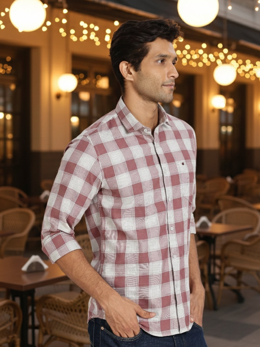 Men Brown Chess Square Check Full Sleeve Slim Fit Casual Shirts