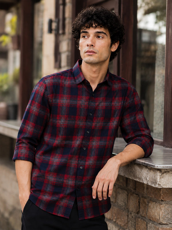 Men Red Slim Fit Check Full Sleeve Casual Shirt