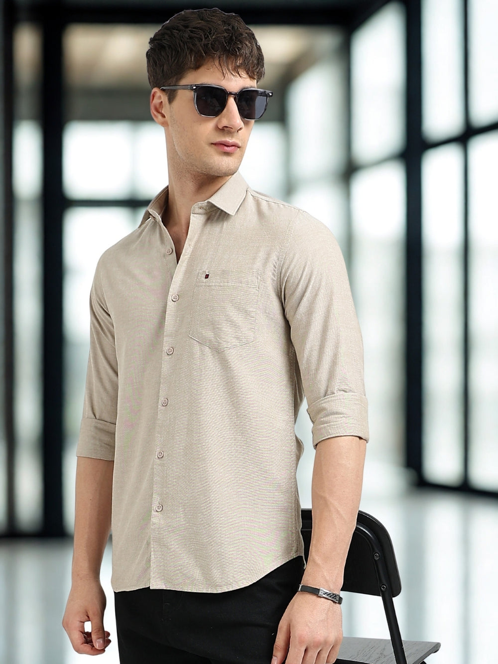 Khaki Oxford Slim Fit Casual Shirts