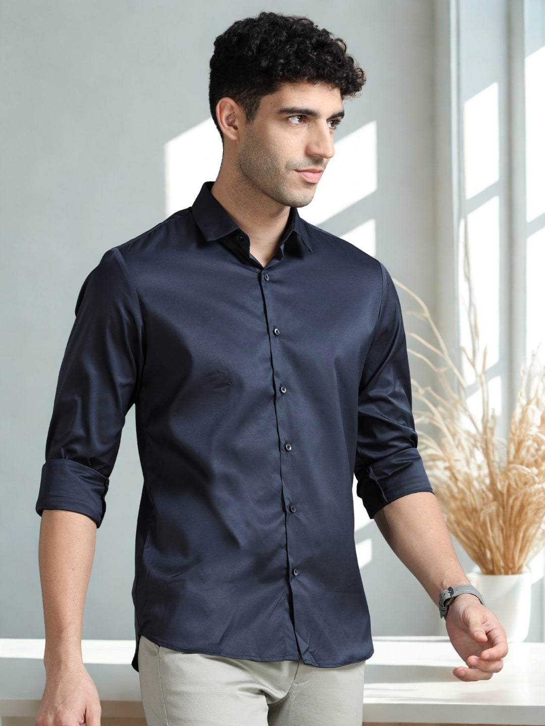 Men Navy Slim Fit Solid Full Sleeve Casual Shirt