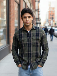 Olive Turquoise Textured Checks Slim Fit Double Pocket Full Sleeve Shirt