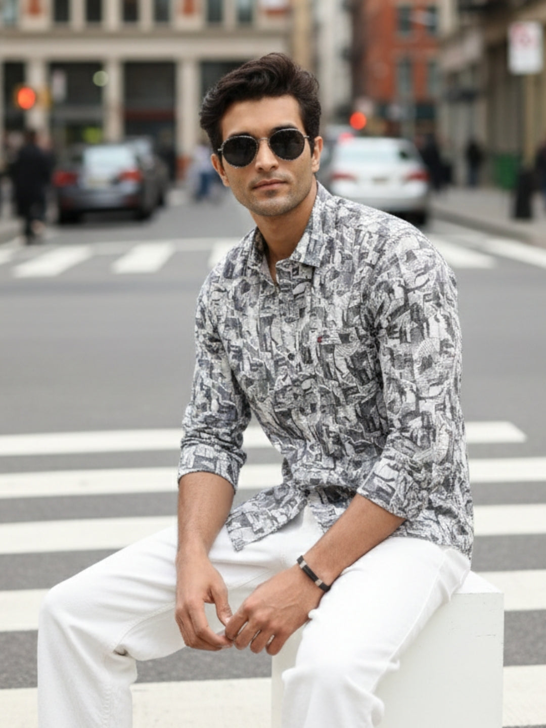 Men Grey Printed Full Sleeve Slim Fit Casual Shirt