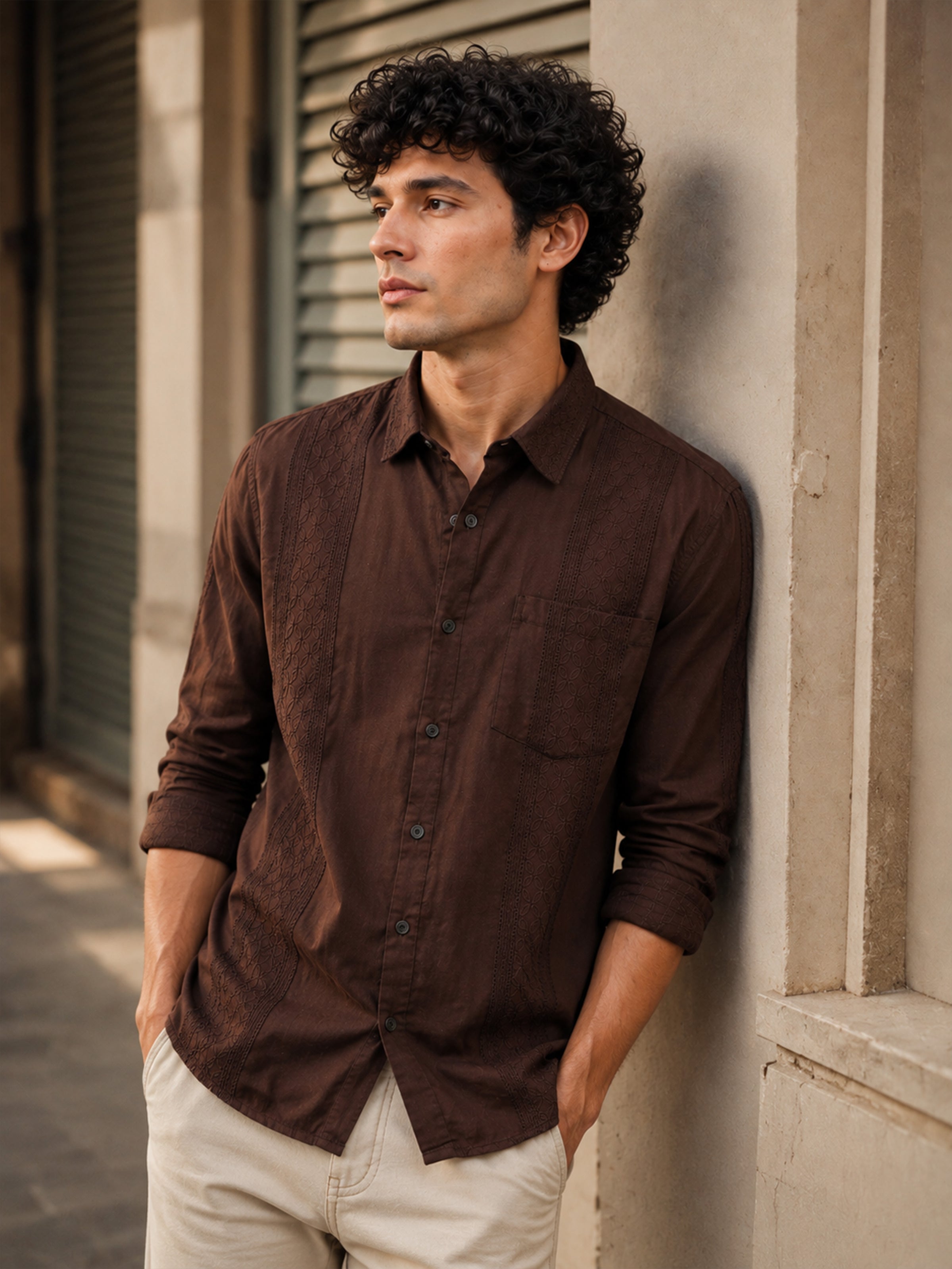 Men Brown Slim Fit Embroidered Full Sleeve Casual Shirt