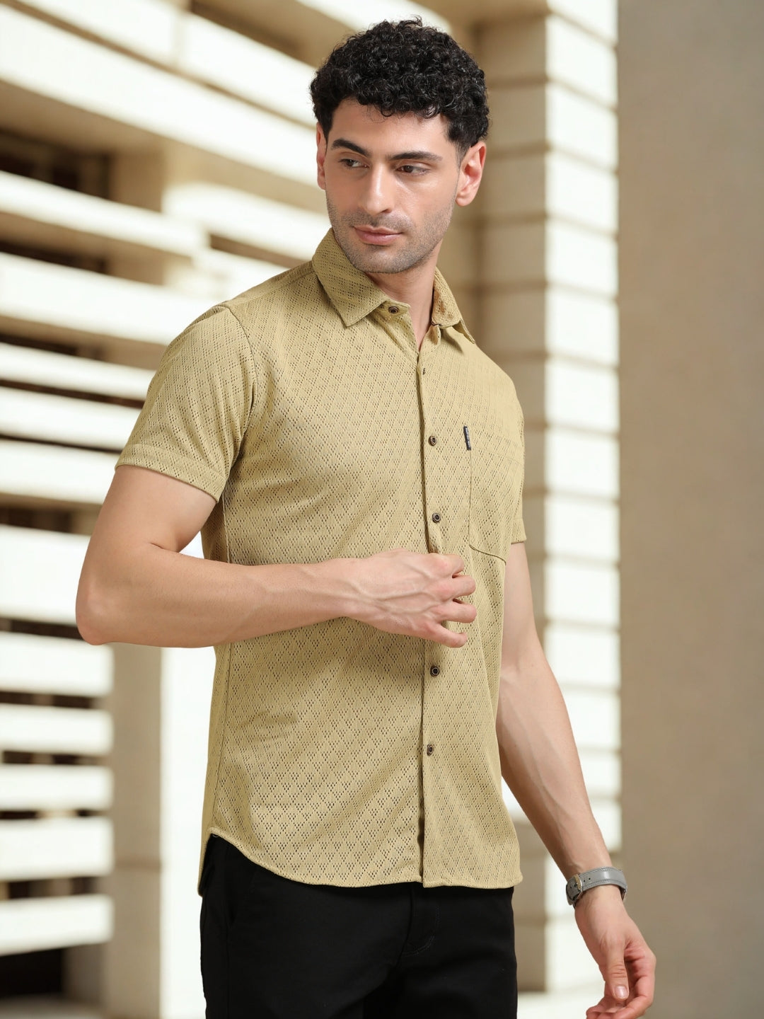 Buy Khakhi Dobby Knitted Men's Casual Half Sleeve Shirt