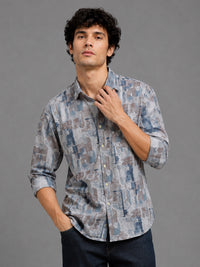 Men Beige Slim Fit Printed Full Sleeve Casual Shirt