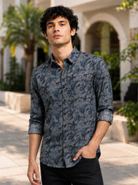 Men Navy Slim Fit Floral Printed Full Sleeve Casual Shirt