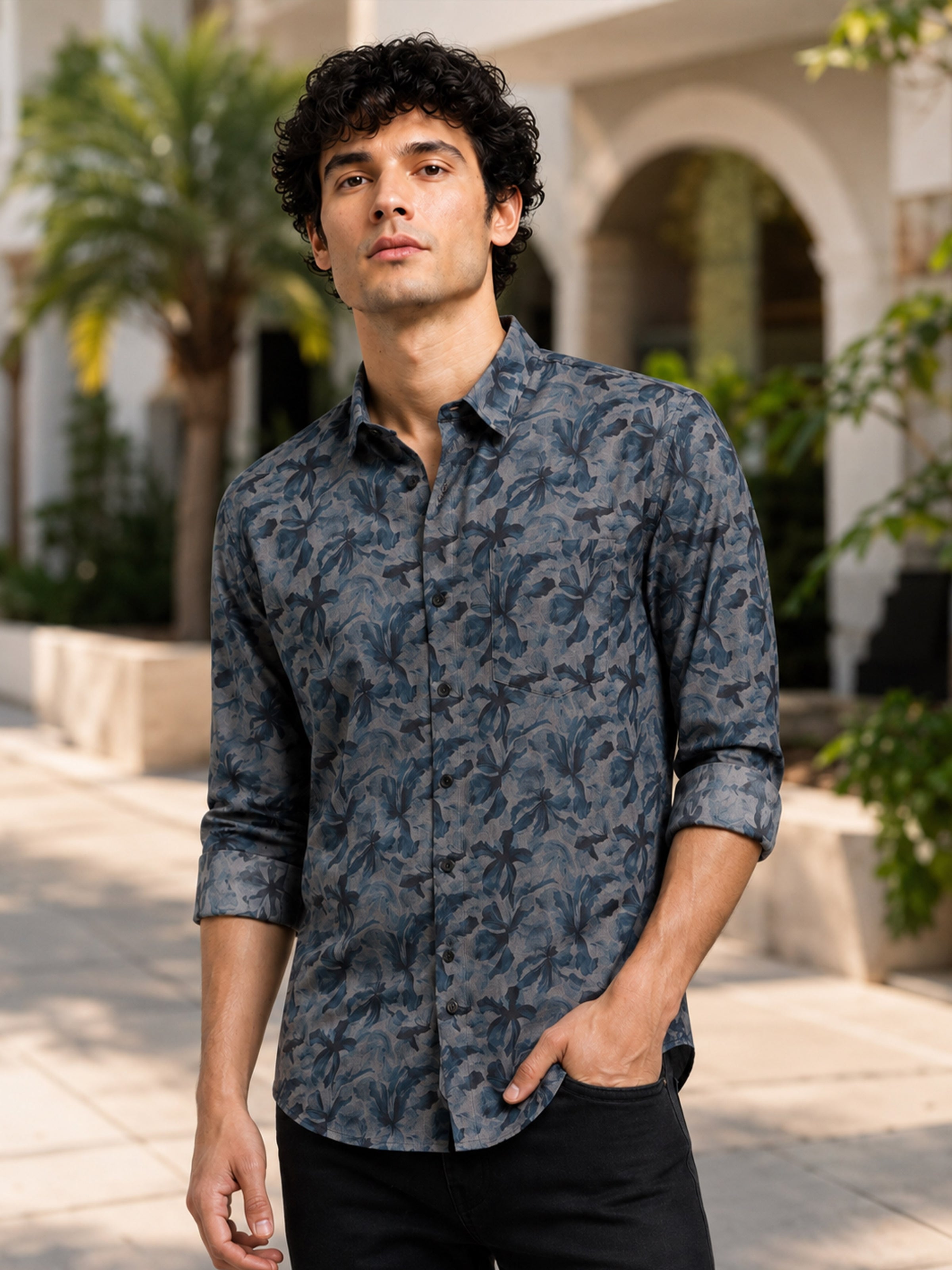 Men Navy Slim Fit Floral Printed Full Sleeve Casual Shirt