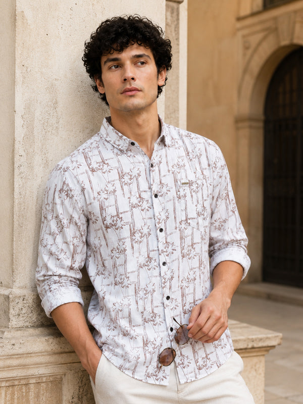 Men Brown Slim Fit Printed Full Sleeve Casual Shirt