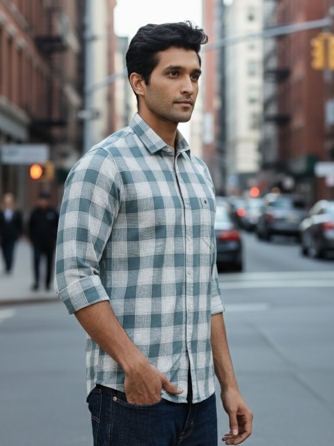 Men Green Chess Square Check Full Sleeve Slim Fit Casual Shirts