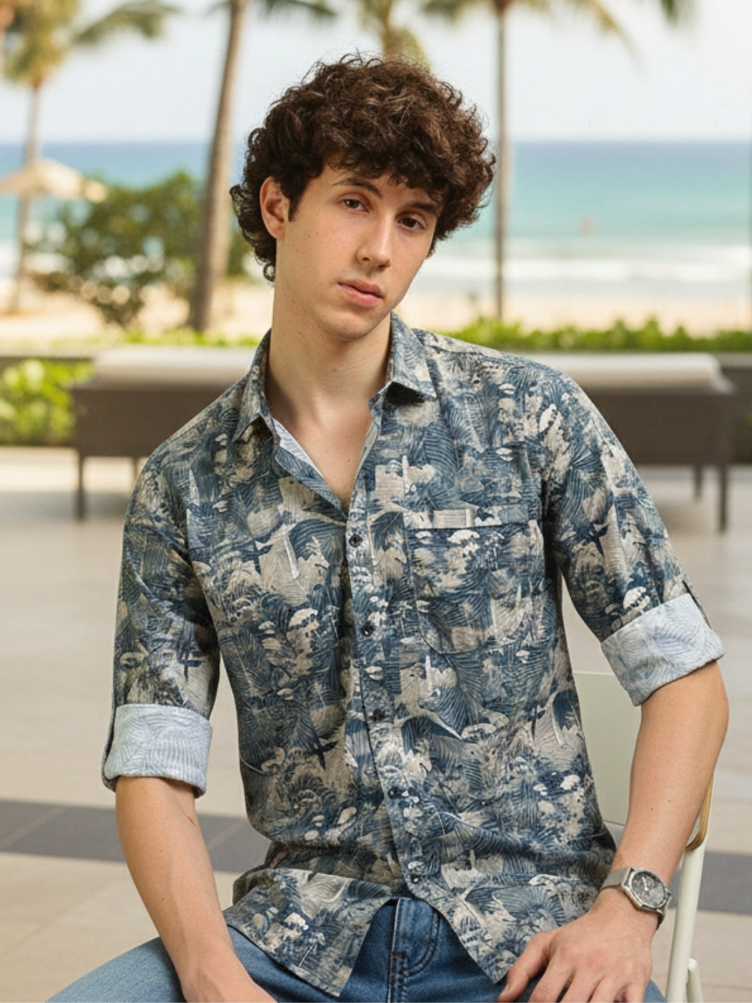 Men Blue Slim Fit Printed Full Sleeve Casual Shirt