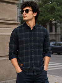 Men Navy Slim Fit Windowpane Check Full Sleeve Casual Shirt