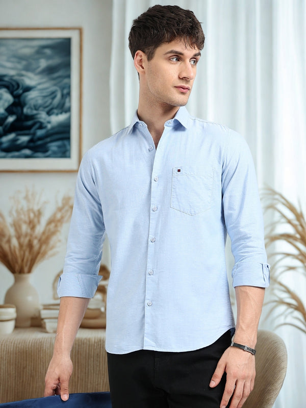 Sky Blue Solid Regular Fit Casual Shirts
