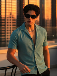 Men Blue Slim Fit Popcorn Half Sleeve Casual Shirt