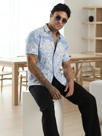 Blue Floral Printed Slim Fit Cotton Half Sleeve Casual Shirt