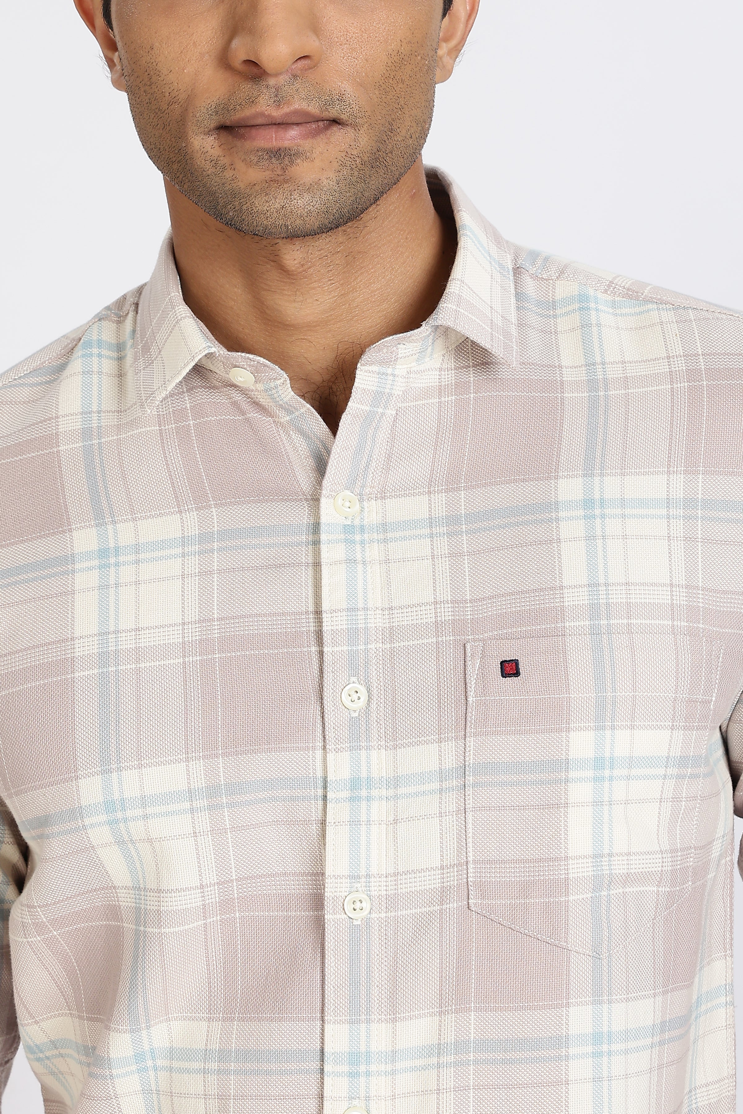 Men Peach Checked Full Sleeve Slim Fit Casual Shirt