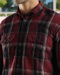 Men Red Turquoise Textured Checks Slim Fit Double Pocket Full Sleeve Shirt