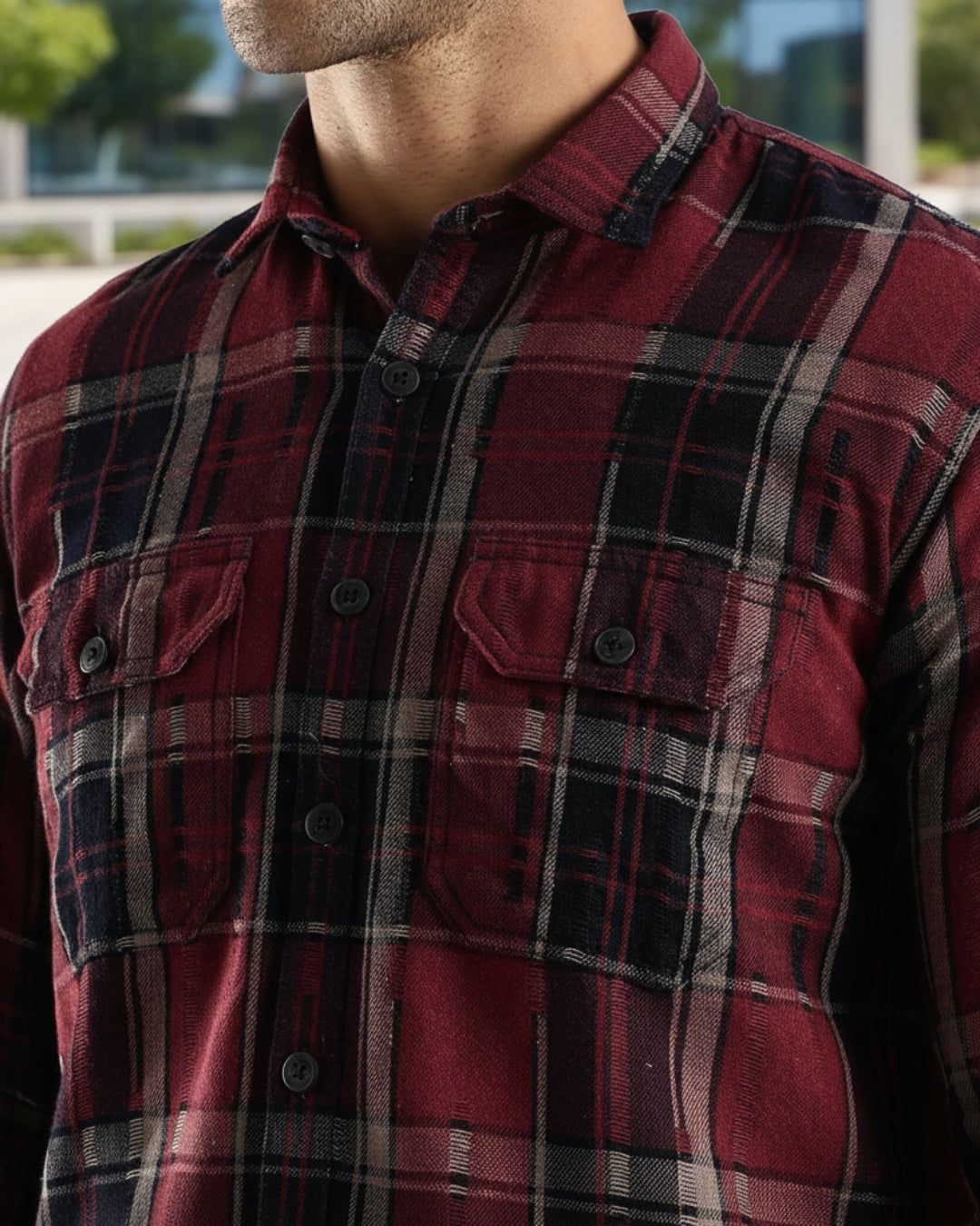 Men Red Turquoise Textured Checks Slim Fit Double Pocket Full Sleeve Shirt