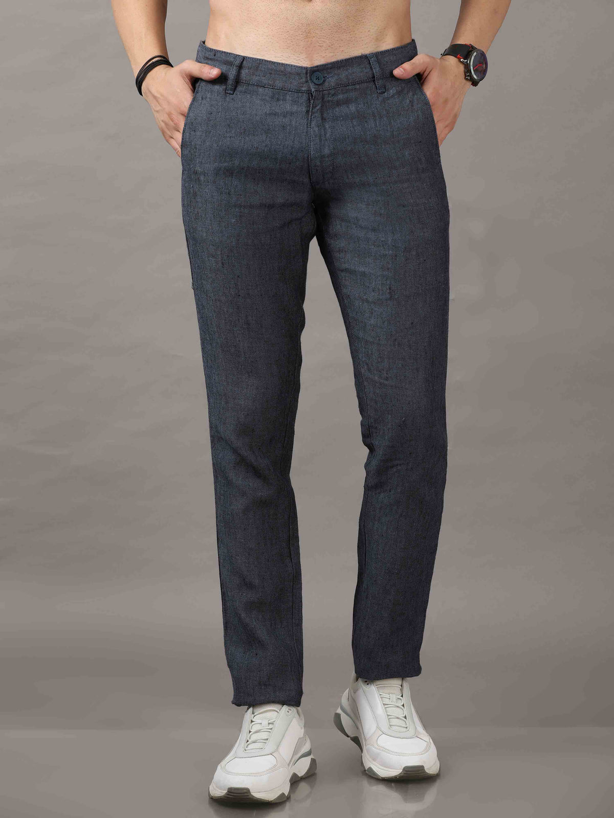 Men's Navy Narrow Fit Linen Solid Casual Trousers