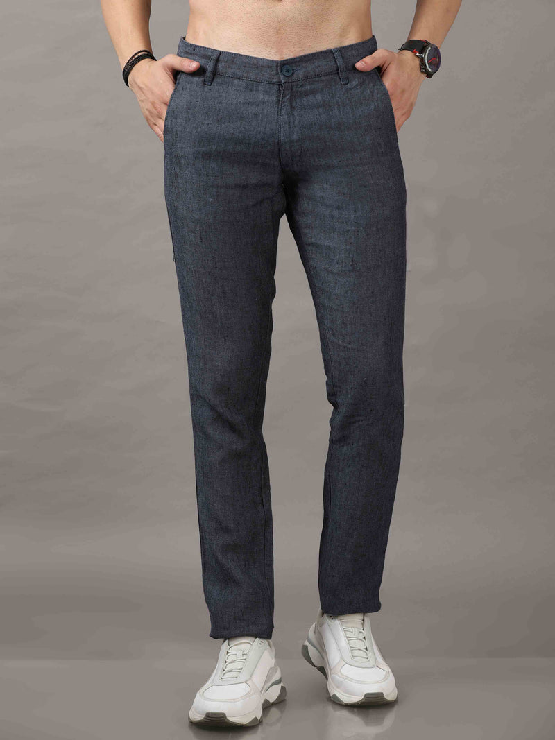 Shop Men's Navy Narrow Fit Linen Casual Trousers Online.