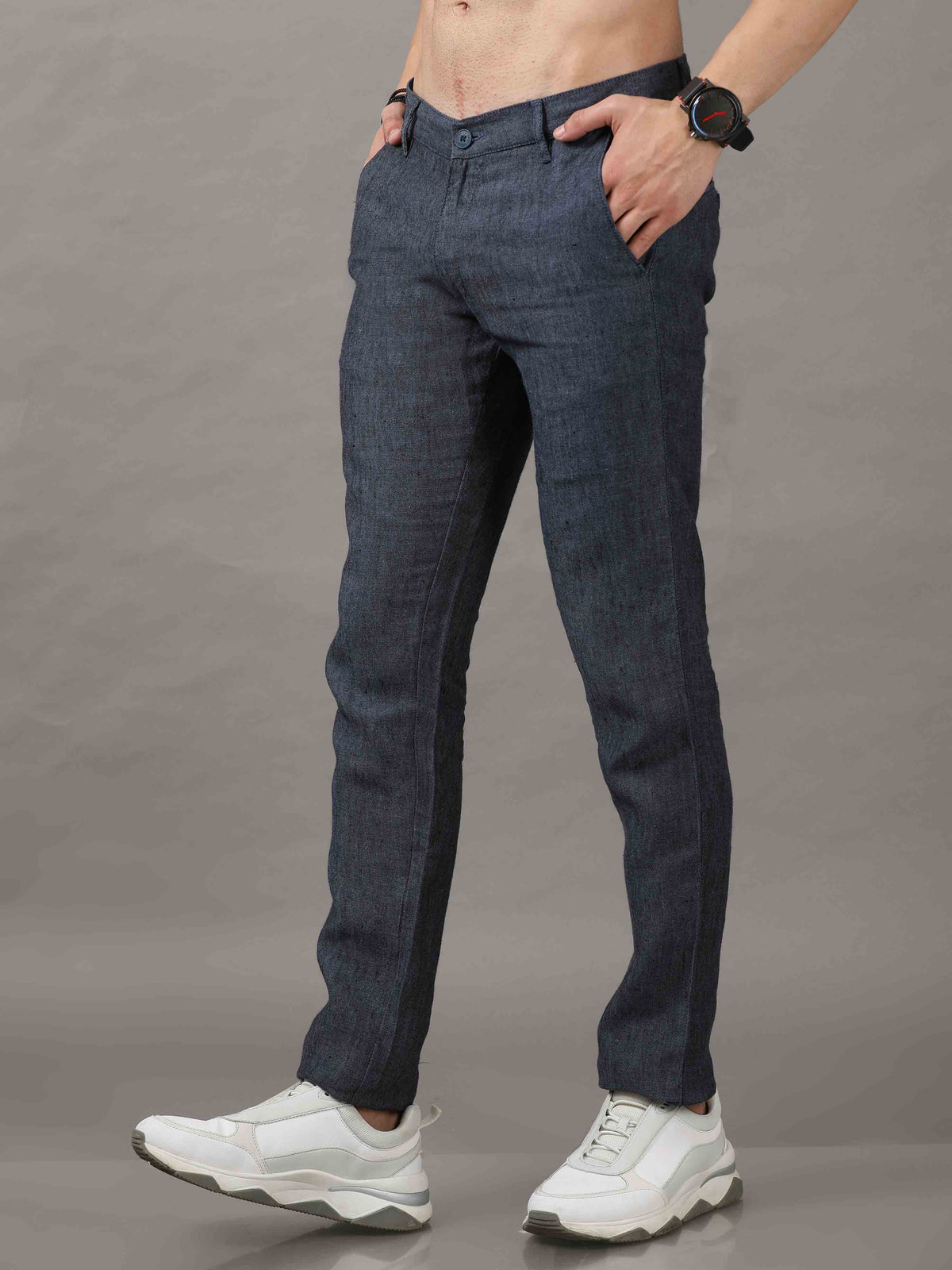 Shop Men's Navy Narrow Fit Linen Casual Trousers Online.