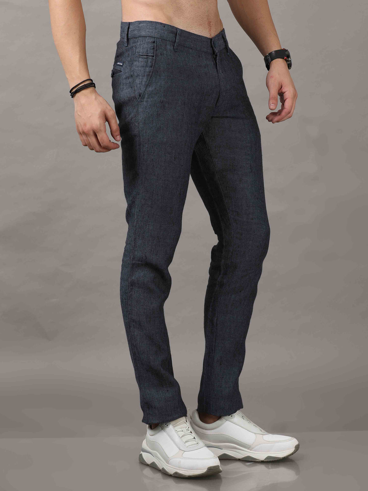 Men's Navy Narrow Fit Linen Solid Casual Trousers