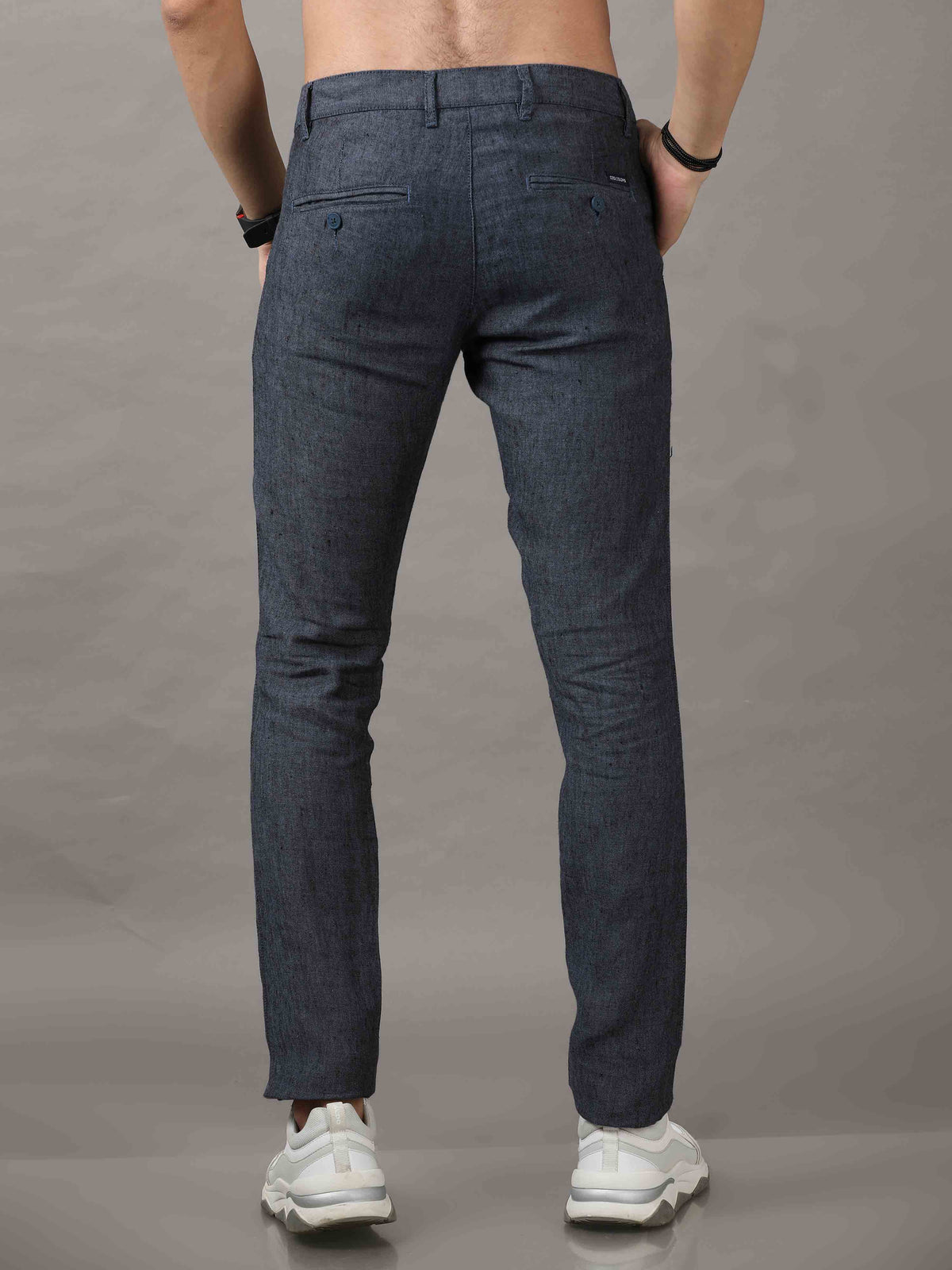 Men's Navy Narrow Fit Linen Solid Casual Trousers