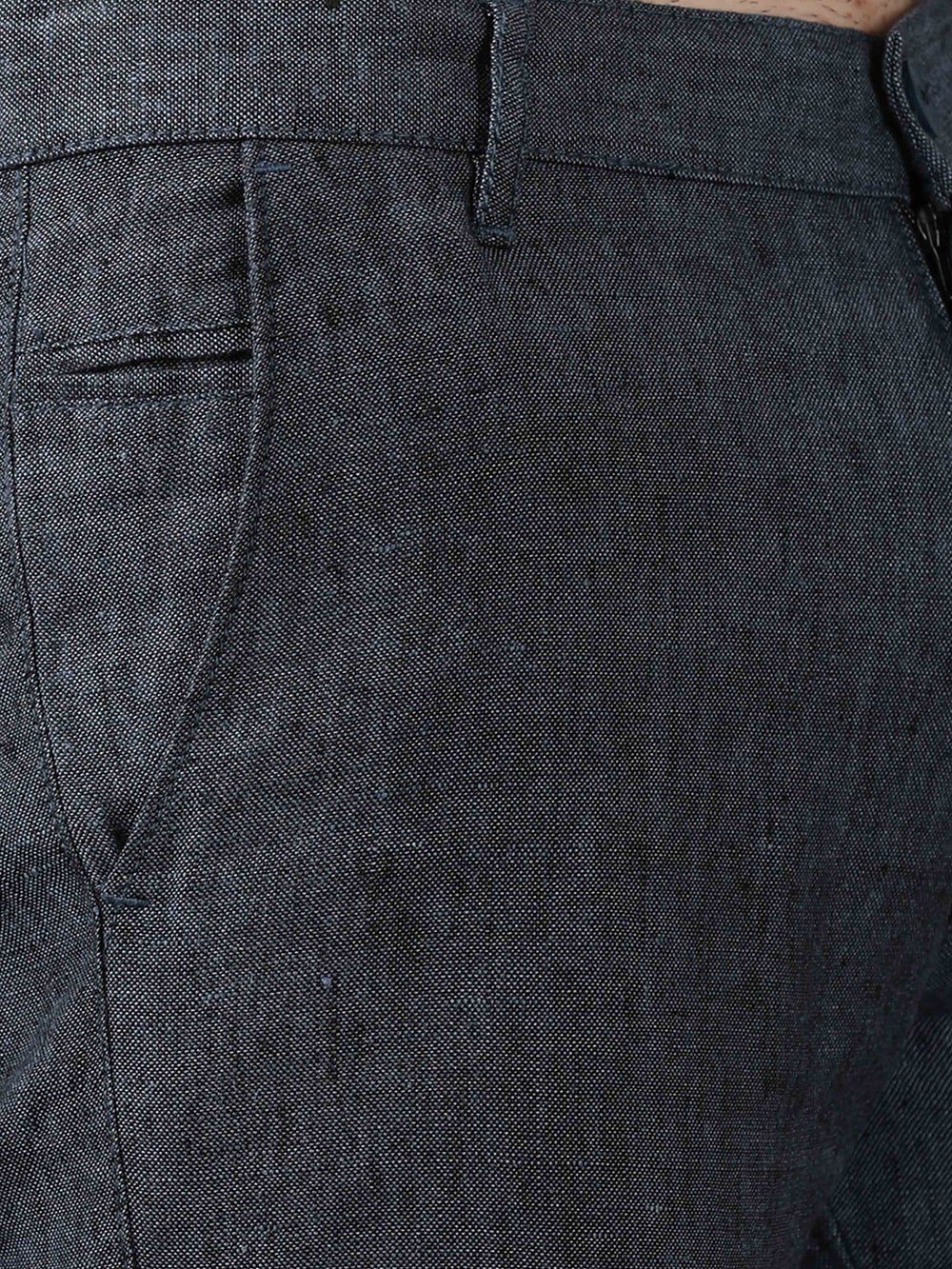 Men's Navy Narrow Fit Linen Solid Casual Trousers