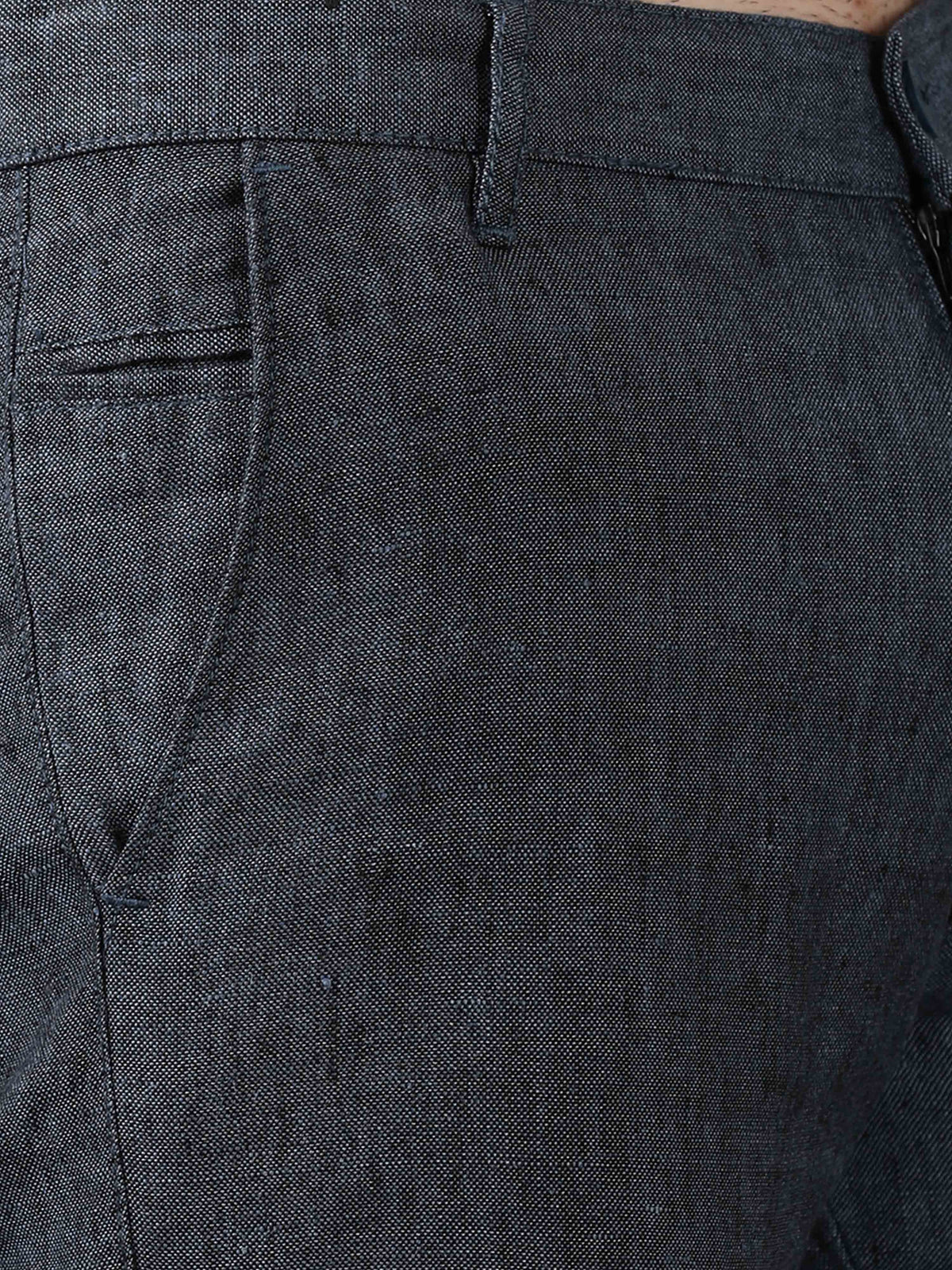 Men's Navy Narrow Fit Linen Solid Casual Trousers
