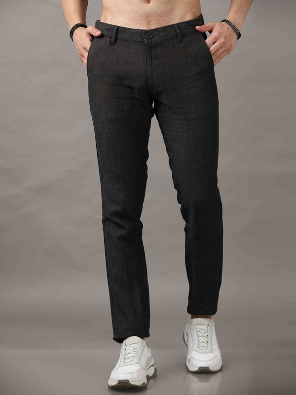 Men's Brown Narrow Fit Linen Solid Casual Trousers