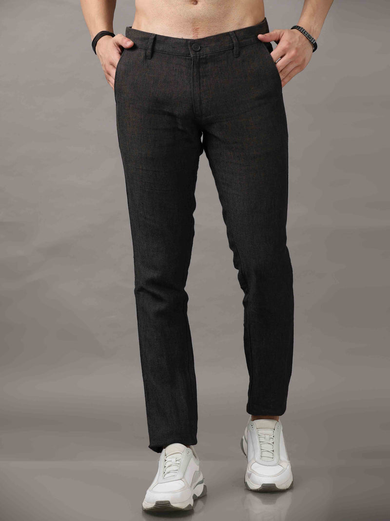 Shop Men's Brown Narrow Fit Linen Casual Trousers Online.