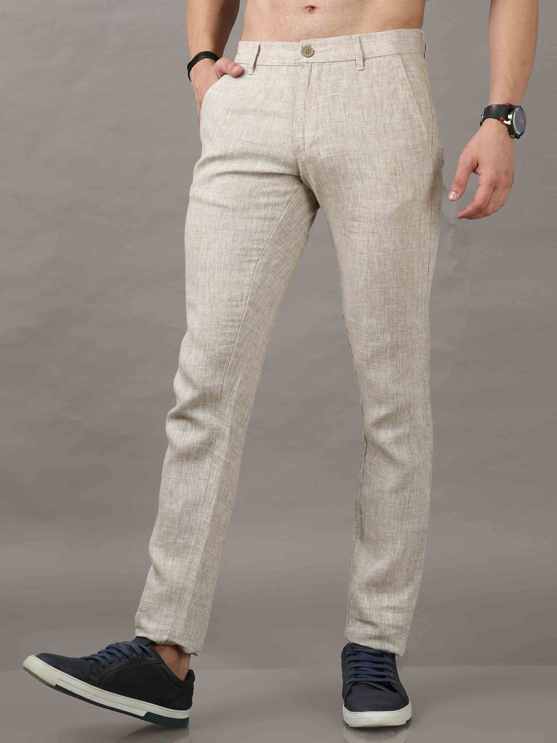 Shop Men's Beige Narrow Fit Linen Casual Trousers Online.