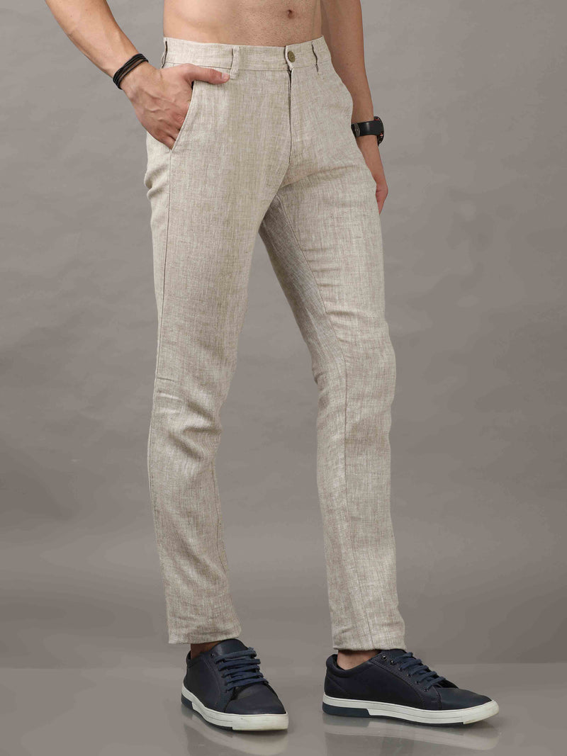 Shop Men's Beige Narrow Fit Linen Casual Trousers Online.