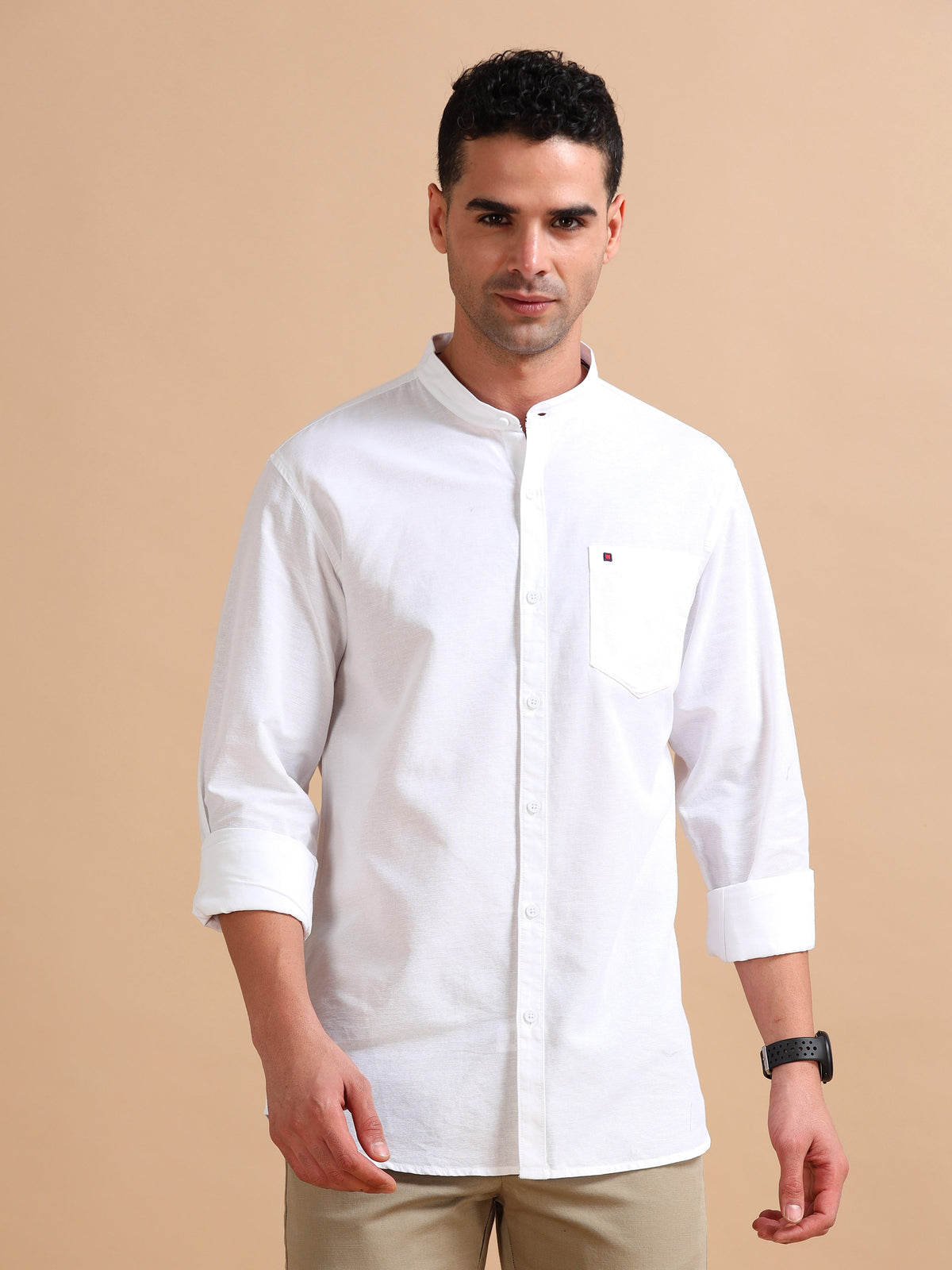 Men White Slim Fit Solid Full Sleeve Casual Shirt