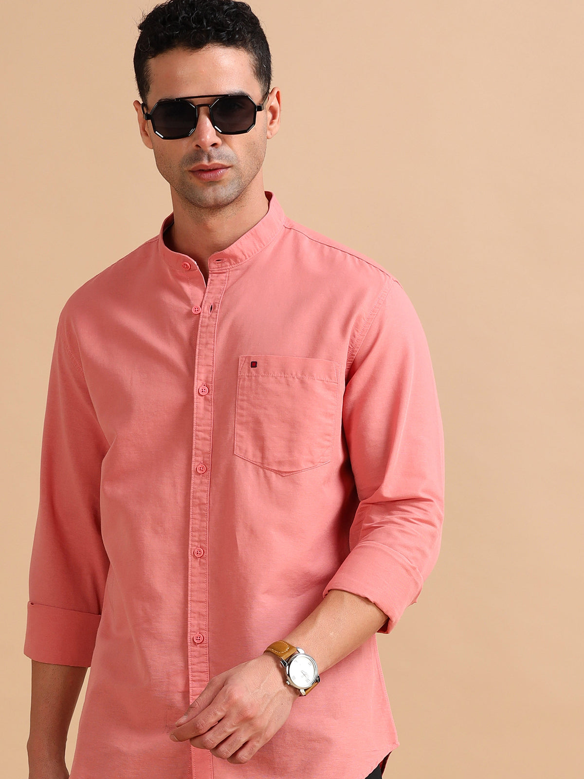 Men Peach Slim Fit Solid Full Sleeve Casual Shirt