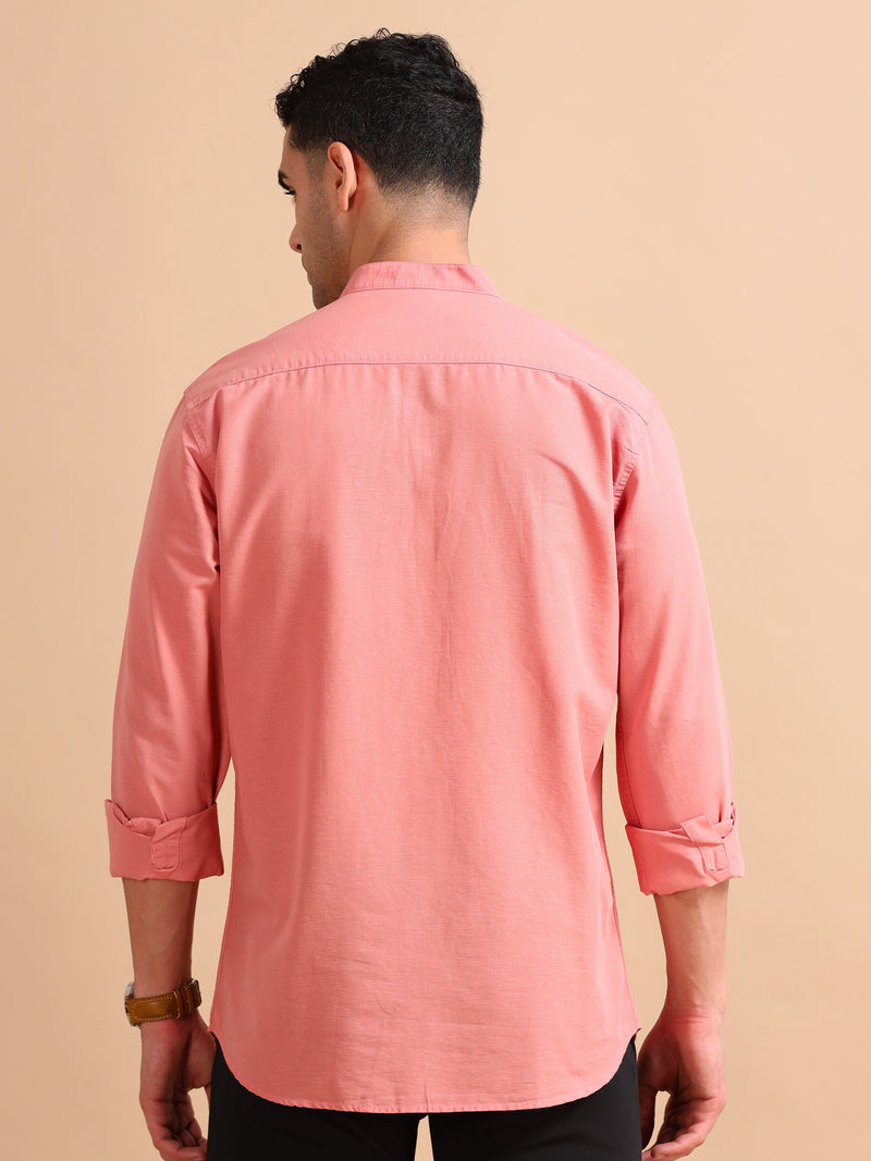 Men Peach Slim Fit Solid Full Sleeve Casual Shirt