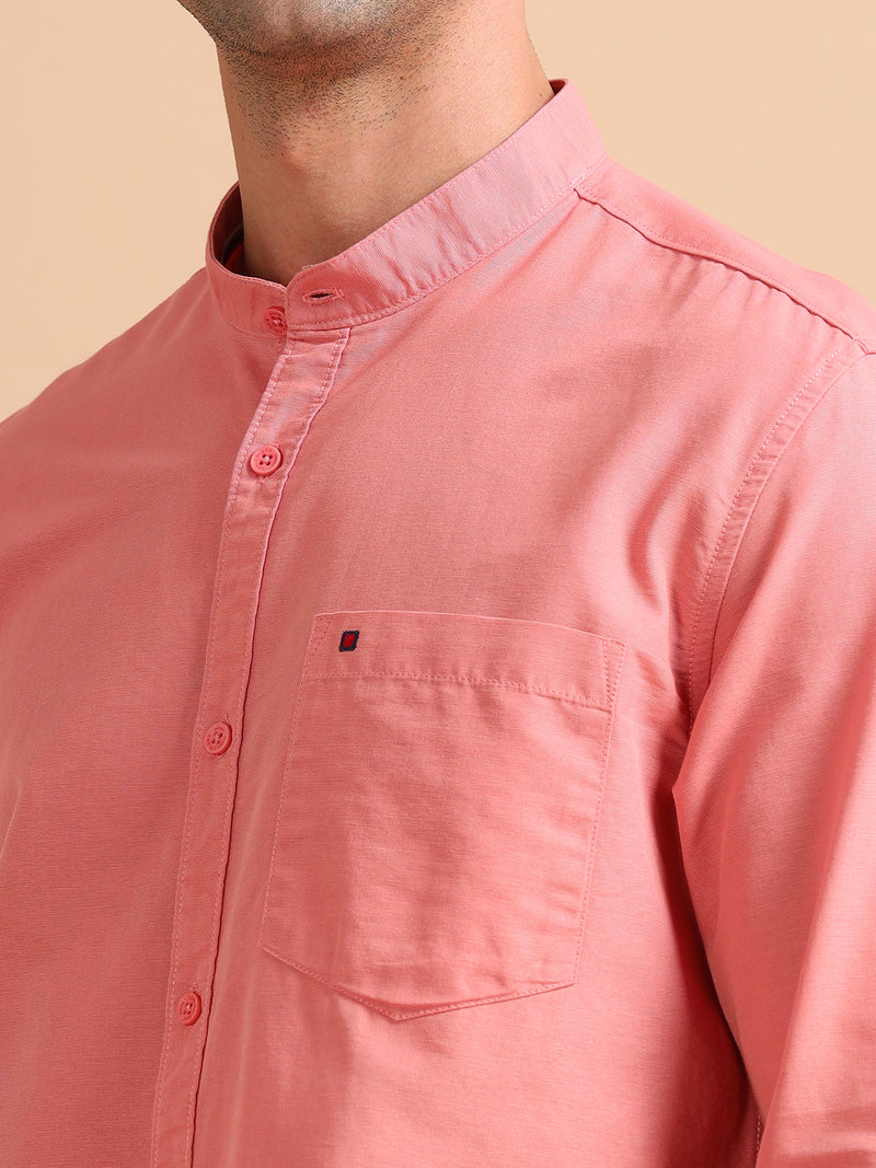 Men Peach Slim Fit Solid Full Sleeve Casual Shirt