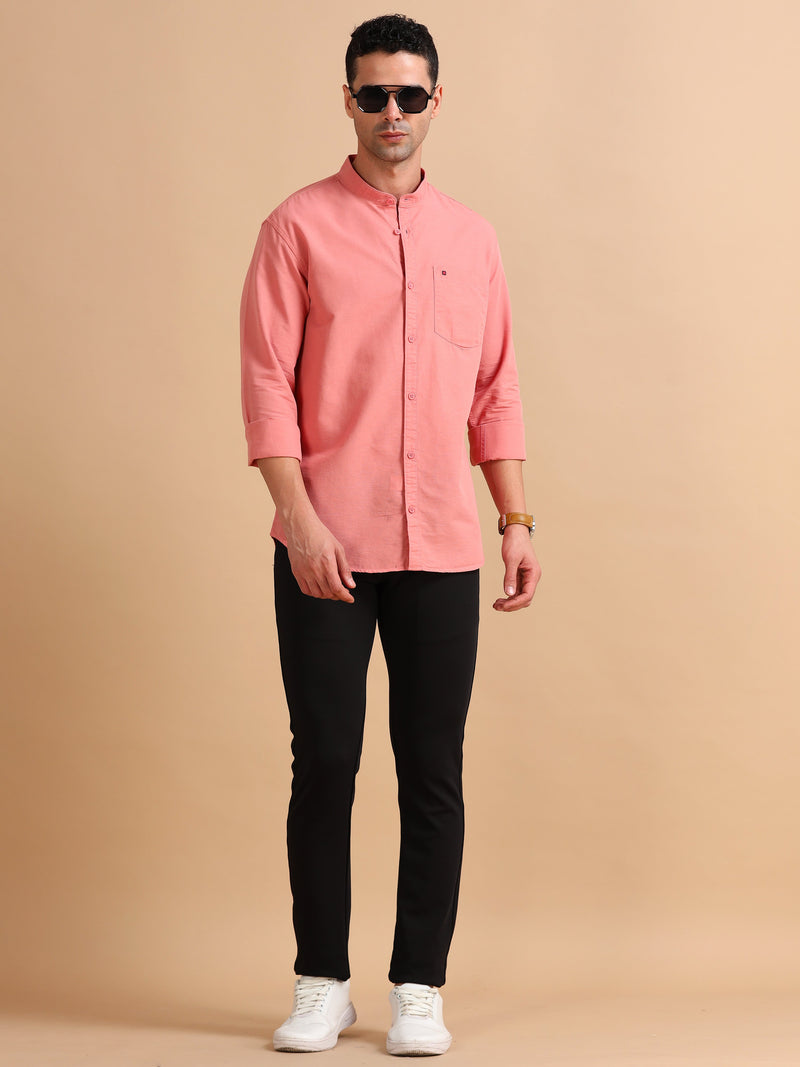 Men Peach Slim Fit Solid Full Sleeve Casual Shirt