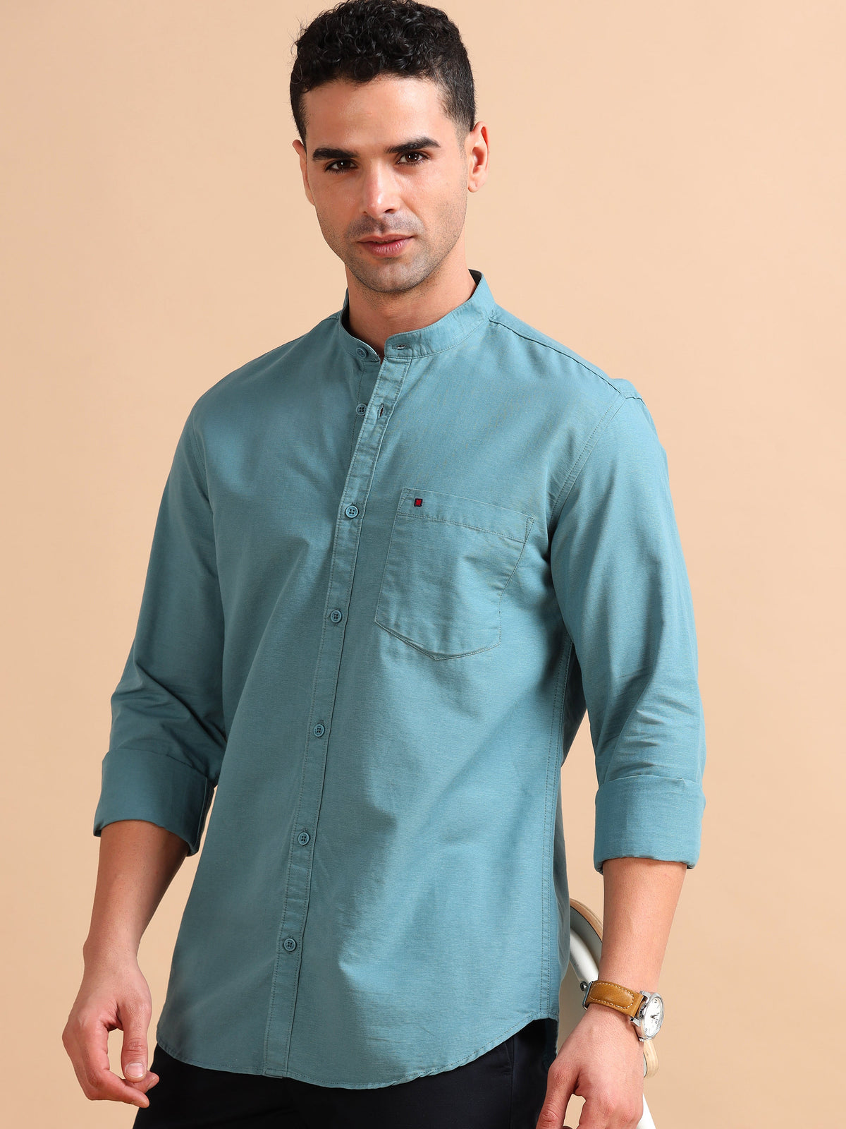 Men Light Green Slim Fit Solid Full Sleeve Casual Shirt