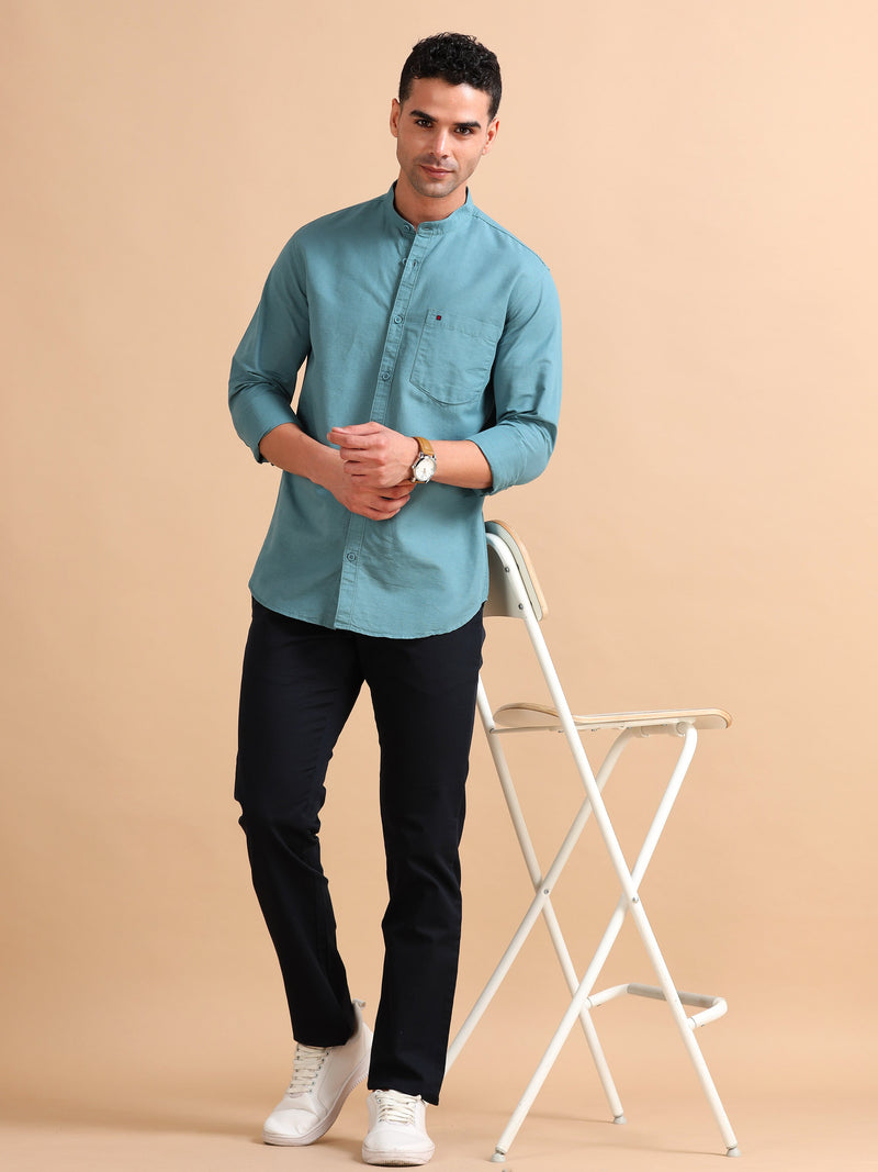 Men Light Green Slim Fit Solid Full Sleeve Casual Shirt